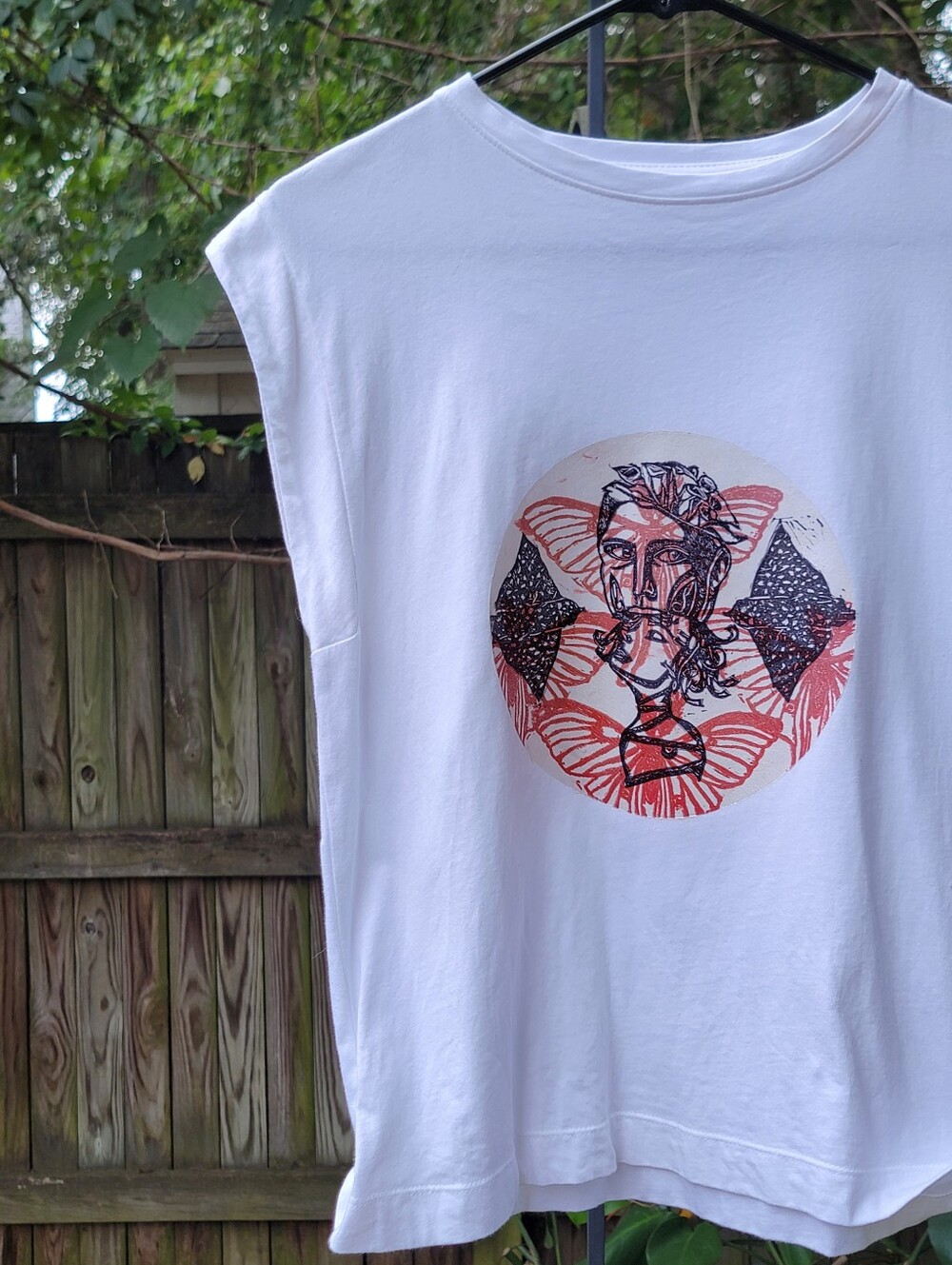 Custom Hand-Printed Art Sleeveless Tee  One of a Kind Upcycled Top small